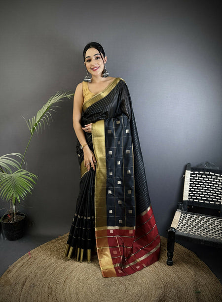 Joban Fashion Black Bhagalpuri Cotton Silk Stripes/Box Saree