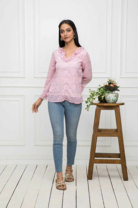 Myshka Women Pink Floral V-Neck Regular Sleeves Synthetic Georgette Top