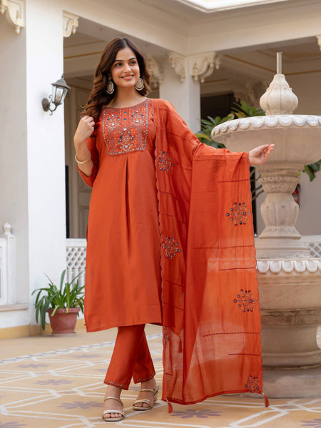 Pramukh Fab Orange Color Viscose Mango Silk Kurta Set