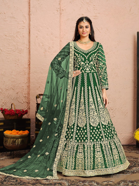 Anaita Green Embroidered Net Anarkali Suit