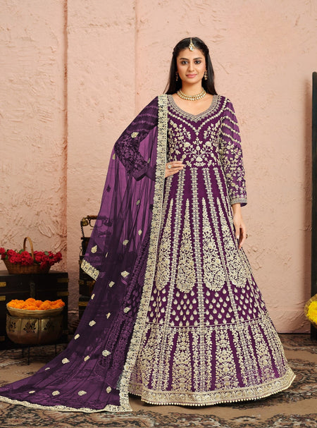Anaita Purple Embroidered Net Anarkali Suit