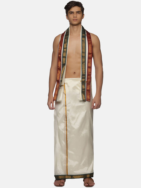Sethukrishna Men Cream-Coloured Solid Dhotis With Angavastram