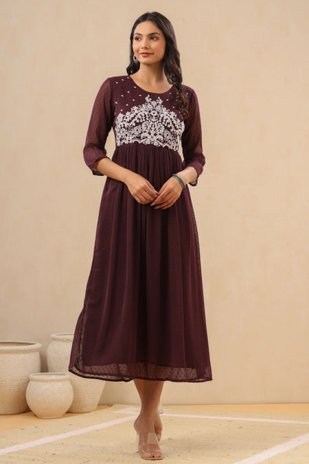 Juniper Womens Purple Chiffon Dobby Embroidered Maxi Dress