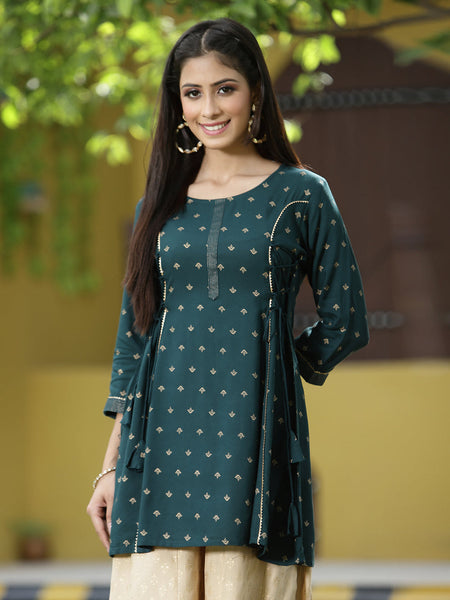 Juniper Green Rayon Festive Printed A-Line Tunic For Women