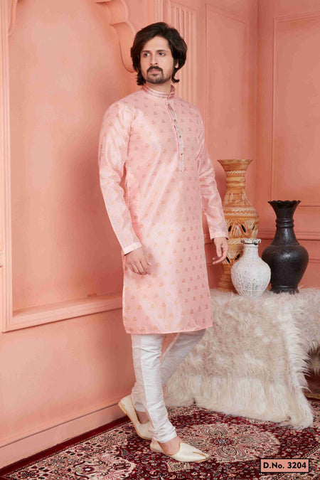 Raivat Ethnic Jacquard Banarasi Silk Pintux Work Kurta Pajama In Peach Colour