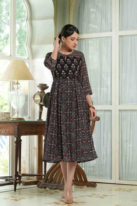 Juniper Black Georgette Festive Printed Anarkali Flared Anarkali Kurta For Women