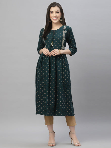 Juniper Green Rayon Festive Wear Embroidered Flared Kurta