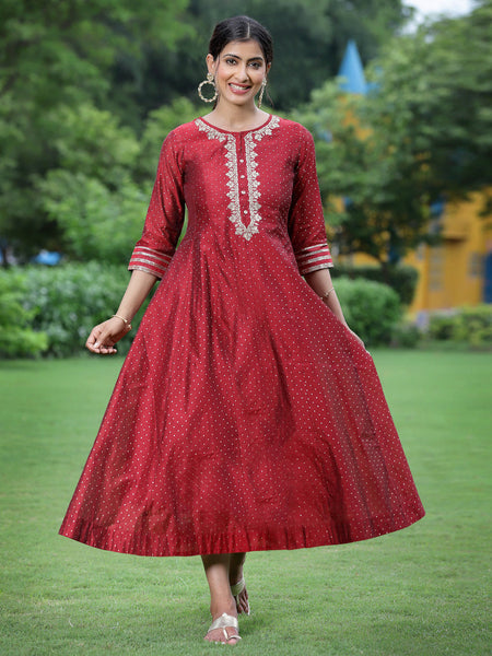 Juniper Women Maroon Chanderi Festive Embroidered + Polka Dot Printed Flared Kurta
