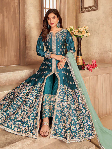 Myra Teal Art Silk Embroidered Anarkali Suit