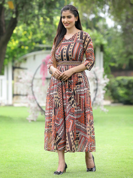 Juniper Brown Multi Chiffon Festive Printed Flared Jump Suit For Women