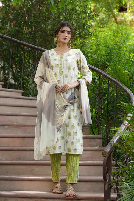 Juniper Green Rayon Casual Wear Printed Straight Kurta Pant Dupatta Set