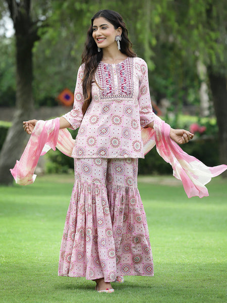 Juniper Pink Muslin Festive Wear Mirror Work Straight Kurta Sharara Dupatta Set