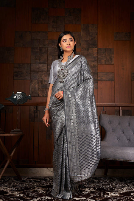 Vardha Platinum Grey Silver Zari Rudrakshas Kanjeevaram Silk Saree