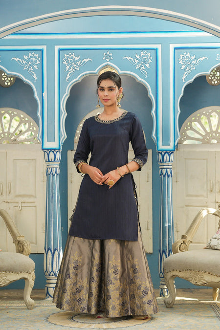 Juniper Women's Blue Solid Kurta Printed Brocade Skirt Festive Wear Lehenga Choli Sets