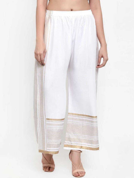 PAVONINE White Color Rayon Fabric Side Print Palazzo For Women