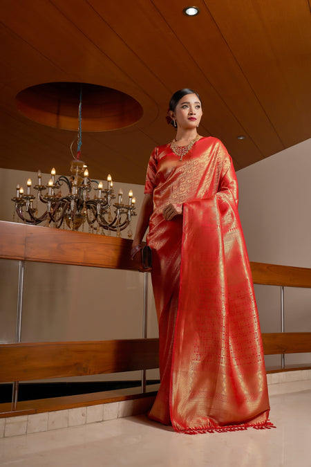 Vardha Red Rose Golden Zari Kanjeevaram Silk Saree