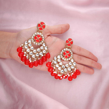 Tehzeeb Creations Gold Polish Kundan Red Colour Earrings