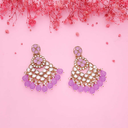 Tehzeeb Creations Gold Polish Kundan Purple Colour Earrings