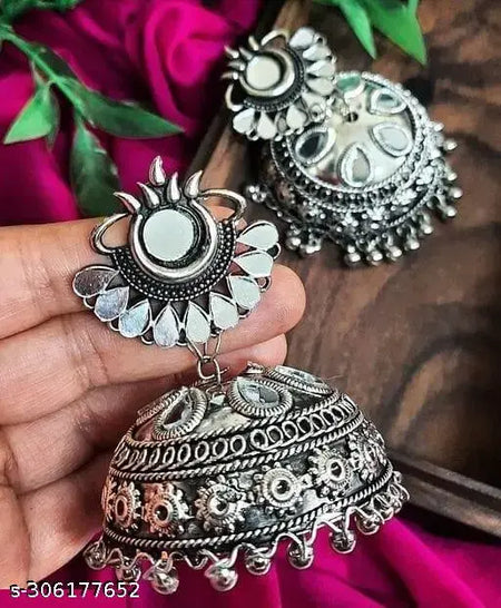 Tehzeeb Creations Women's Silver Colour Oxidised Earrings With Mirror Work