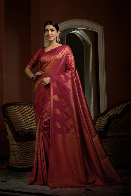 Vardha Fuchsia Pink Golden Zari Kanjeevaram Silk Saree