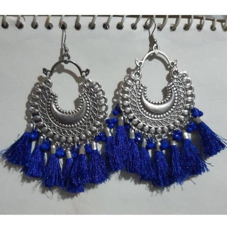 MS Fashion India Half Moon Silver Oxidized Earrings With Blue Color Silk Threads