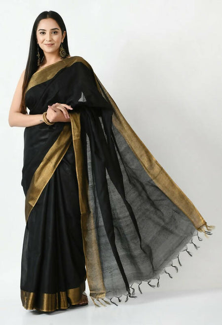 Mominos Fashion Moeza Black Bhagalpuri Handloom Silk Jay Shree Saree with unstitched Blouse piece