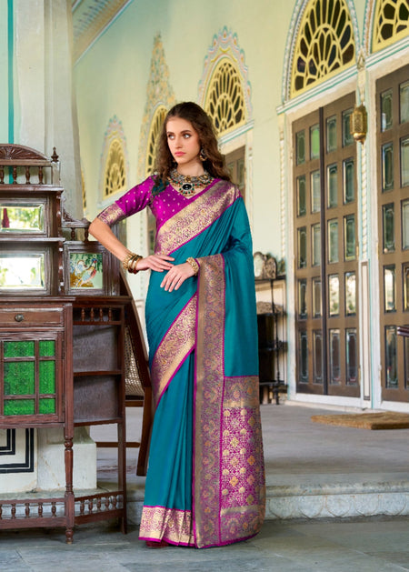 Anaita Teal Soft Banarasi Silk Zari Weaving Saree With Blouse Piece