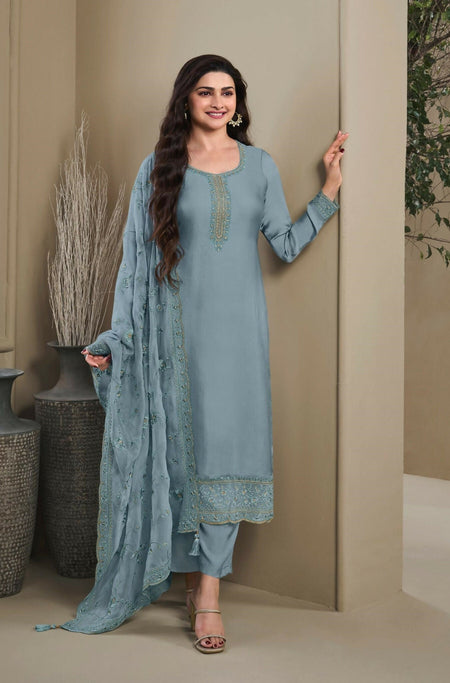 Anaita Blue Heavy Natural Crepe Stitched Suit with Embroidery & Zarkhan Work