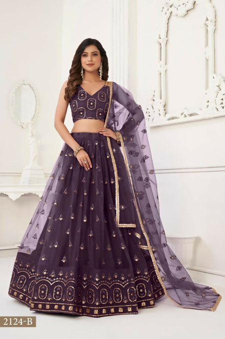Aastha Fashion Dusty Wine Butterfly Net Tone To Tone Thread Work And Sandwich Sequence Work Embroidery Wedding Wear Lehenga Choli