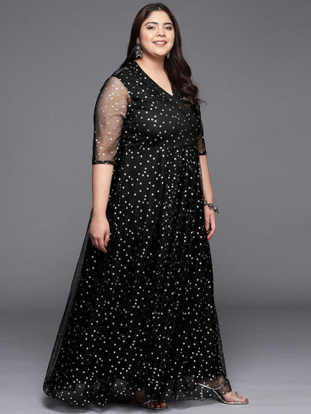 Ahalyaa Plus Size Printed Net V-neck Maxi Ethnic Dress