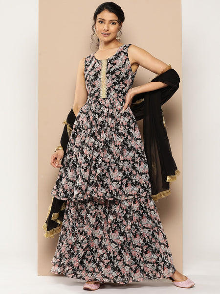 KSUT (House of Varanga) Black Printed Anarkali Kurta Paired With Sharara And Plain Tonal Dupatta
