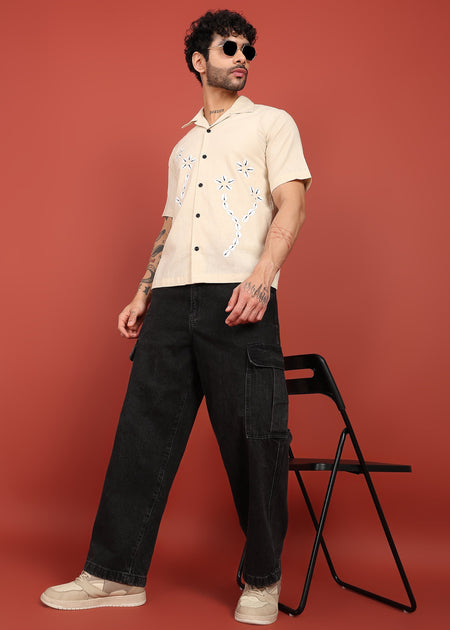 Fabmade MenāS Beige Linen Embroidered Resort Shirt