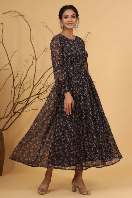 Juniper Women Navy Chiffon Printed Flared Dress