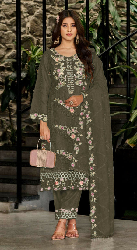 Anaita Mehendi Fox Georgette Stitched Suit with Embroidery Sequins & Khatli Work