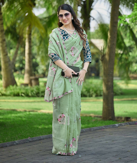 Teeya Creation Pista Color Pure Paper Silk Heavy Embroidery Work Wedding Wear Saree
