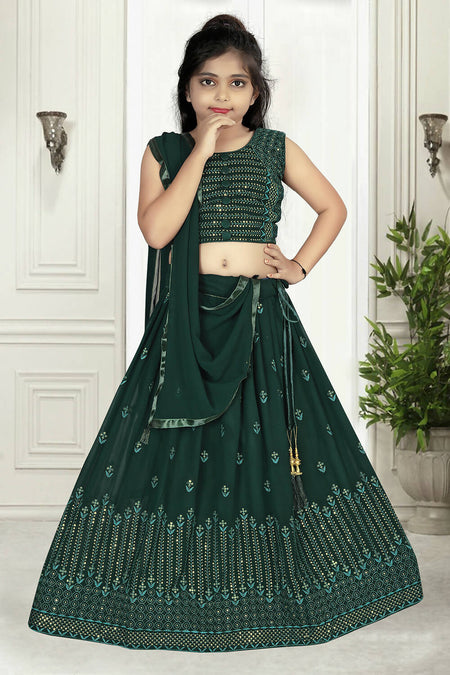 Wedding Designer Green Pure Georgette Kidswear Lehenga - Aaradhna