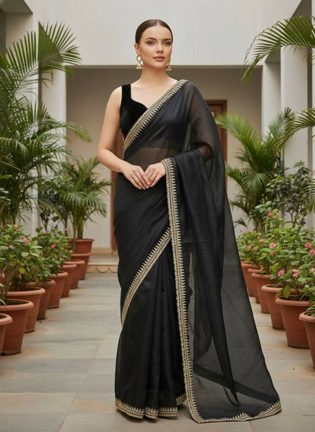 Joban Fashion Black Soft twill Net Party Wear Sarees