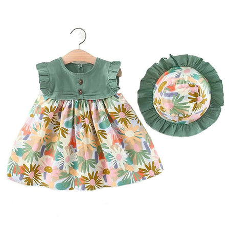 Bold N Elegant Cotton Floral Printed Ruffle Sleeve Princess Dress Frock With Fabric Hat Cap - Green