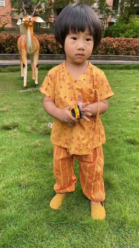 Mhyssa Zeke Half Sleeve Wrap Style Yellow and Red T-shirt With Long Pant Set For Kids
