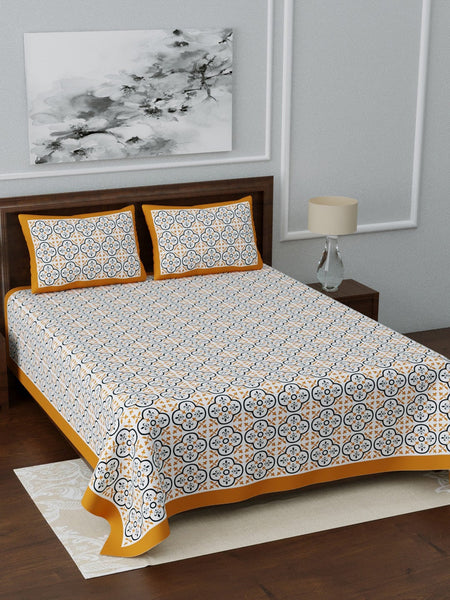 LIVING ROOTS White & Blue Ethnic Motifs Jaipuri 210 TC Cotton Double King Bedsheets With 2 Pillow Covers