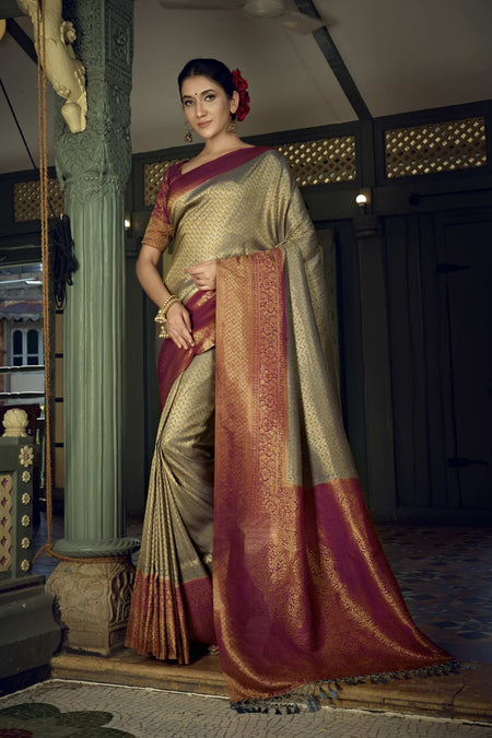 Vardha Royal Grey Golden Zari Kanjeevaram Silk Saree