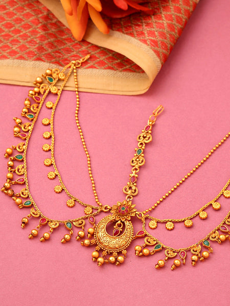 Yellow Chimes Gold-Polished Red & Green Stone-Studded Layered Bridal Maatha Patti