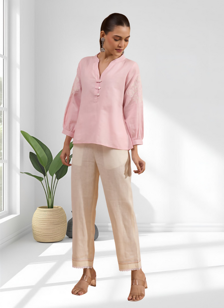 Joban Fashion Pink Cotton, Linen Embroidered Readymade Tunic