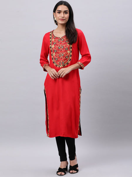 Souchii Red Yoke Design Mirror Work Grandeur & Majestic Artwork Kurta