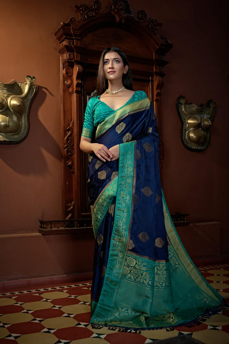 Vardha Cobalt Blue Golden Zari Banarasi Satin Silk Saree