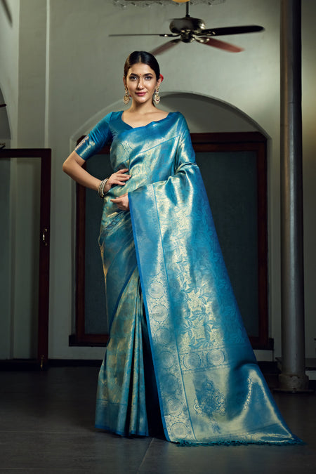 Vardha Sky Blue Zari Work Kanjeevaram Silk Saree