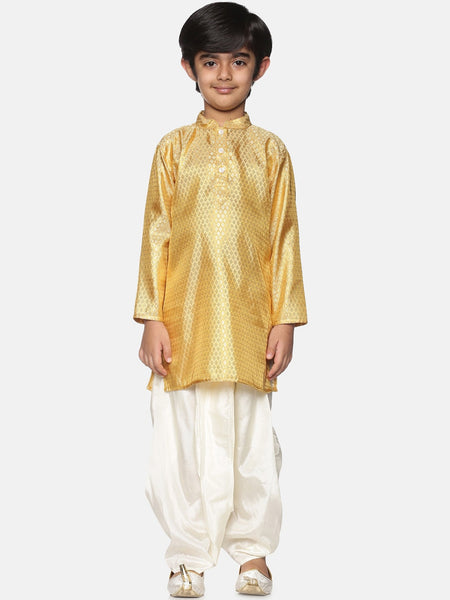 Sethukrishna Boys Gold-Toned & Off White Woven Design Kurta with Dhoti Pants