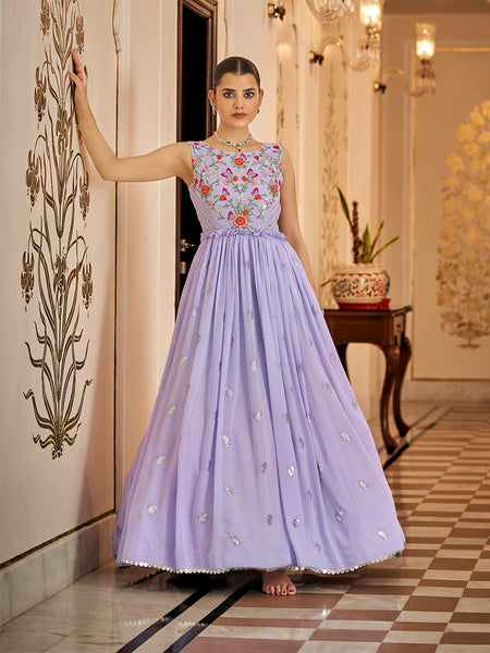 Myra Lavender Georgette Embroidered Gown