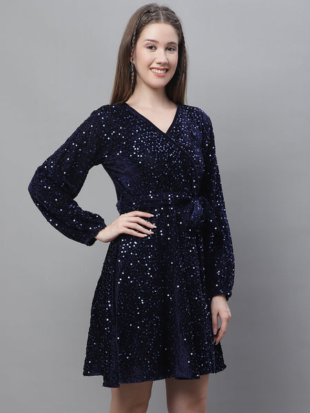Jainish Women's WoSequin Velvet A-line dress - Navy Blue