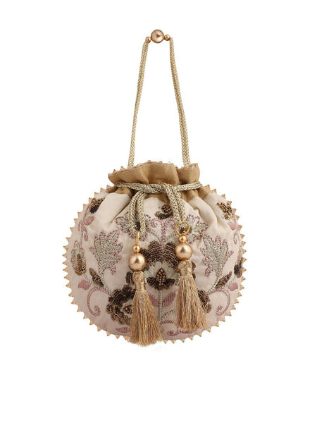 Masq Beige & Brown Embellished Embroidered Potli Clutch